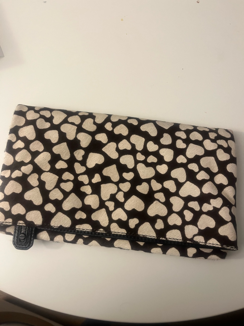 Alice + Olivia Black and Cream Pony Hair Heart-Print Foldover Clutch